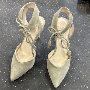 Vince Camuto Suede Pointed-Toe Lace-Up Slingback Heels in Sage